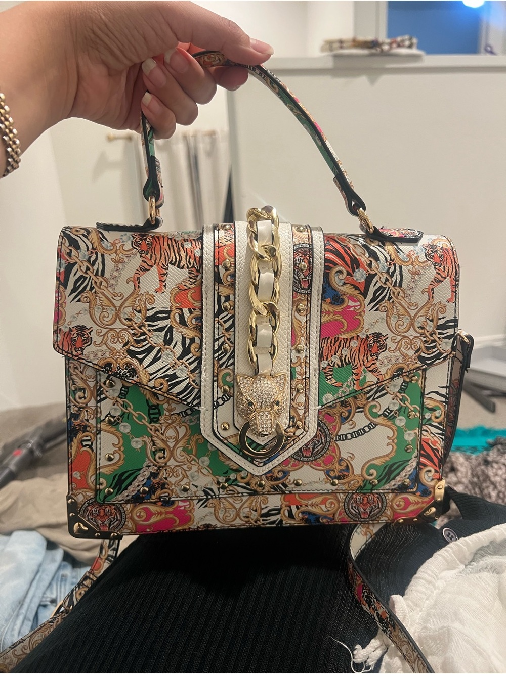 Aldo Multicolor Floral Tiger Print Satchel with Gold Chain